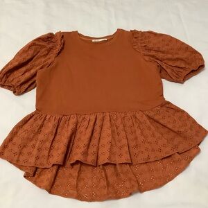 La Ven Brown round neck Puff sleeves eyelet ruffles cotton blouse M (680)